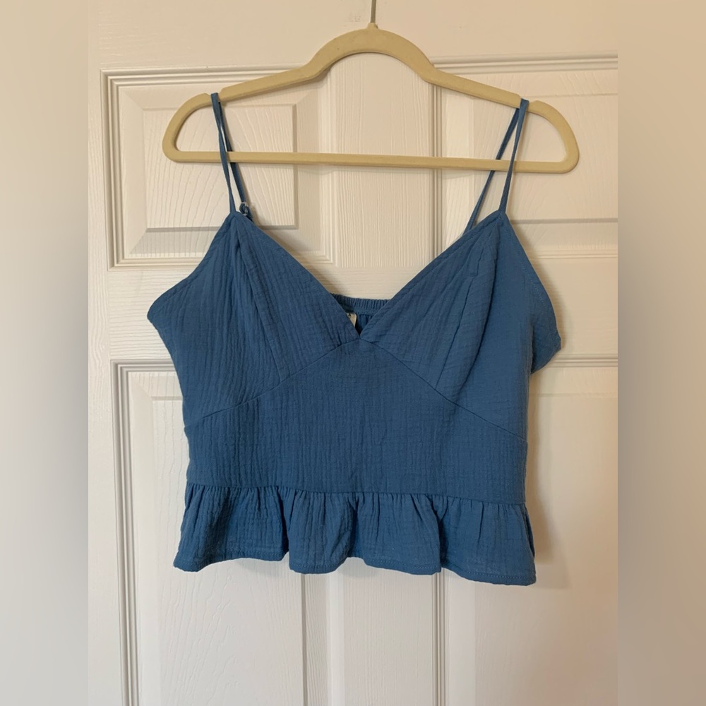 NWT Fornia Blue Babydoll Ruffle Hem Smocked Back Crop Top Size XL Boho Coquette‎